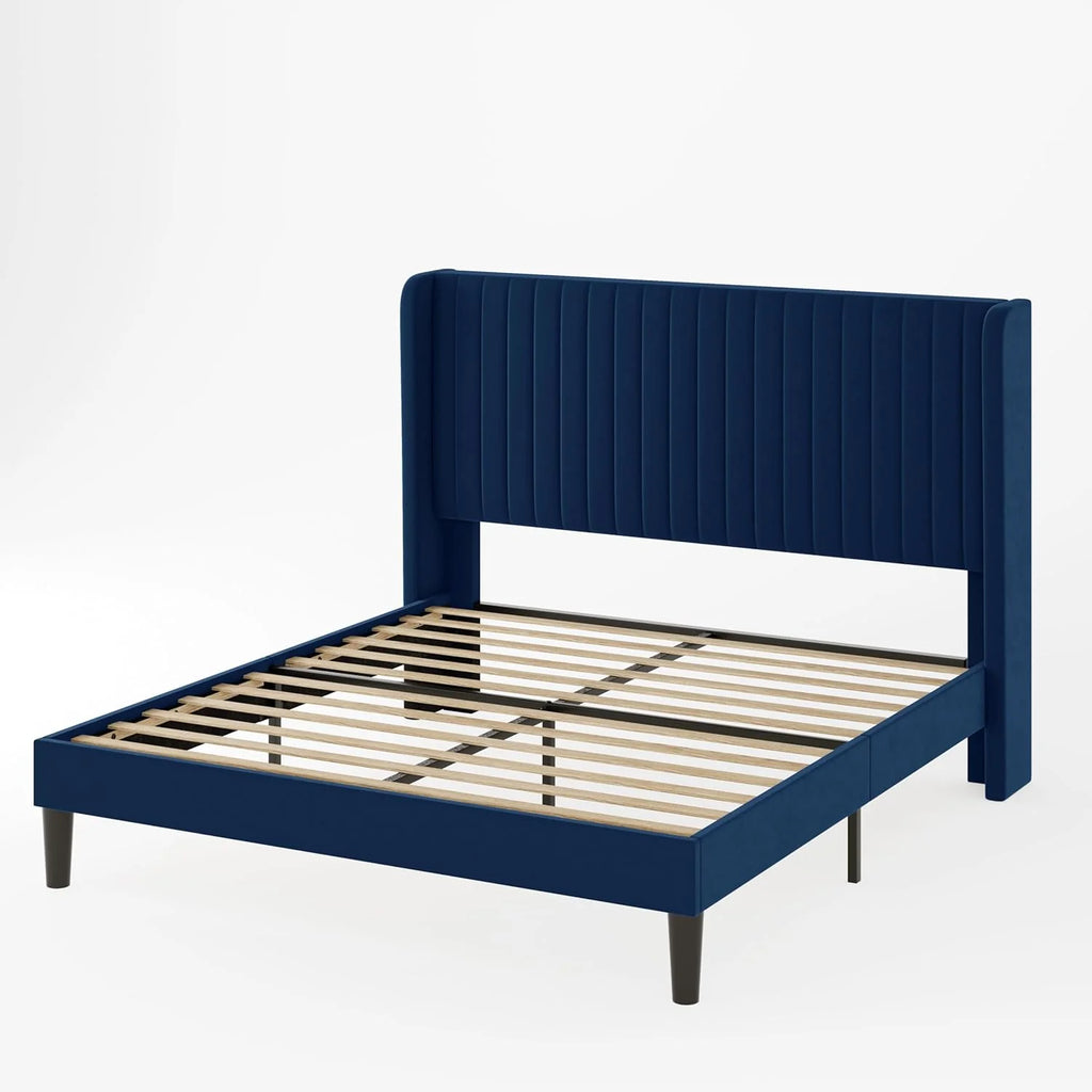Allewie Full Size Velvet Bed Frame Vertical Channel Tufted Wingback Headboard Upholstered Bed