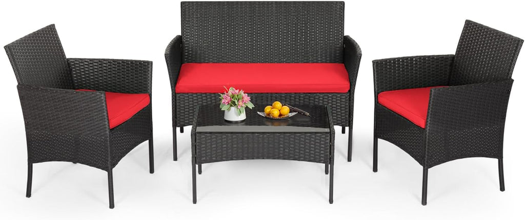 FDW | 4-Piece Patio Furniture Set | Black | Outdoor Wicker Furniture with Coffee Table | Modern Rattan Chairs Conversation Set | Outdoor Seating | Weather-Resistant | for Porch, Garden, Lawn