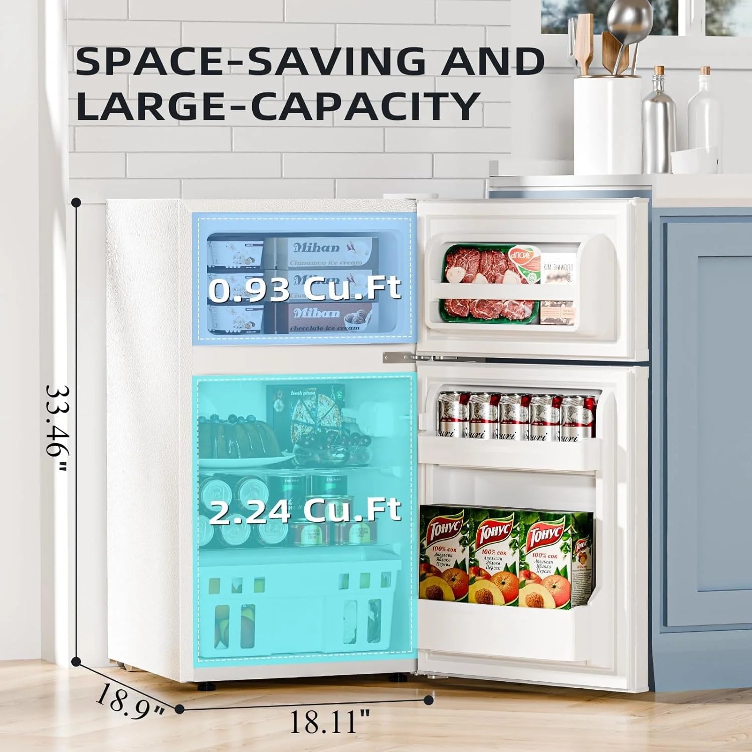 Antarctic Star 3.2 Cu.Ft,Mini Refrigerator with Freezer,Double Door Mini Fridge,Compact Refrigerator,Adjustable Thermostat,Mini Refrigerator for Bedroom/Office/Dorm/Kitchen(BLACK)