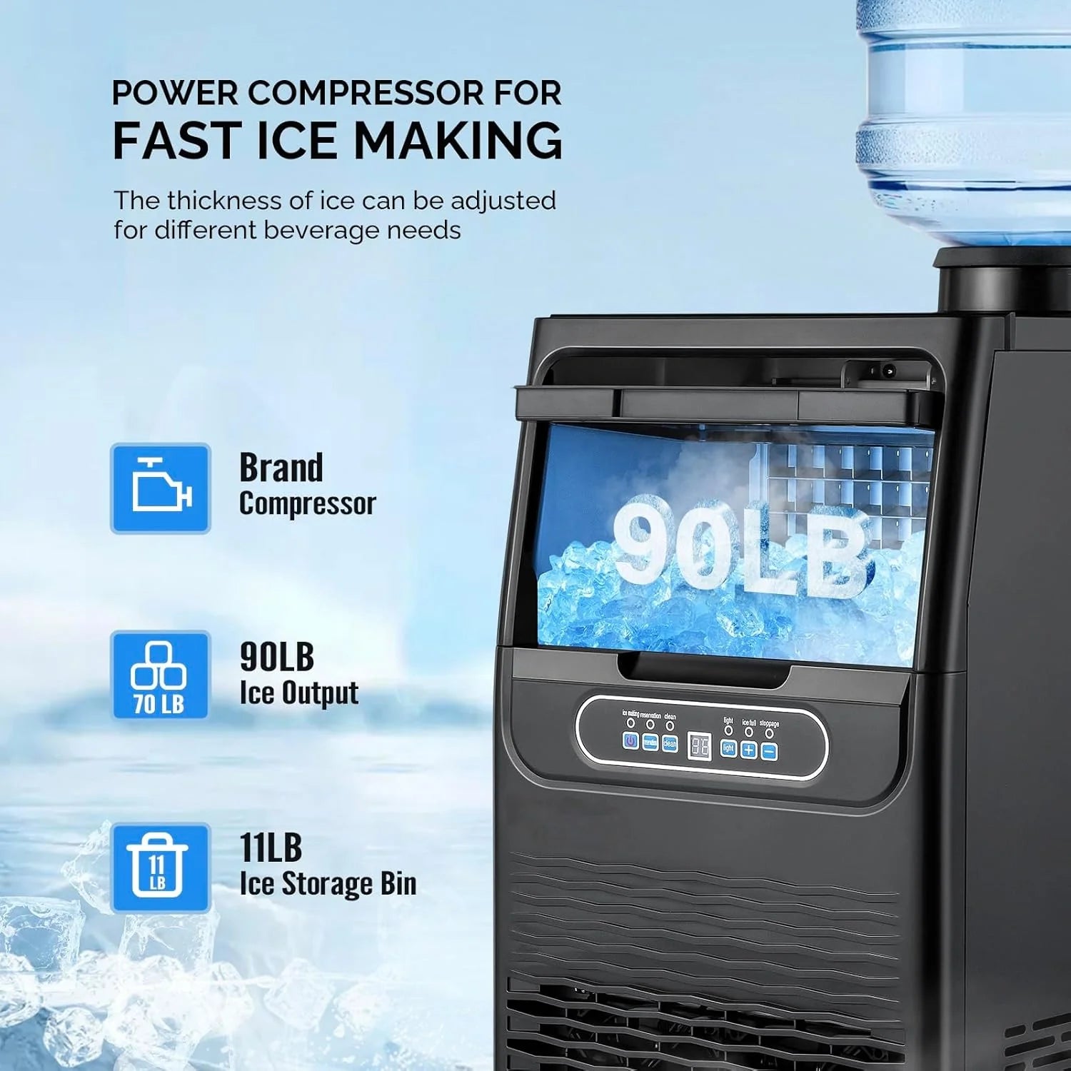 VINGLI Commercial Ice Maker Machine,90lbs/24H Plastic Under Counter Ice Maker with 11lbs Storage,Dual Water Supply Options,Self-Cleaning,Timing Function,for Home Bar Cafe Restaurant Kitchen