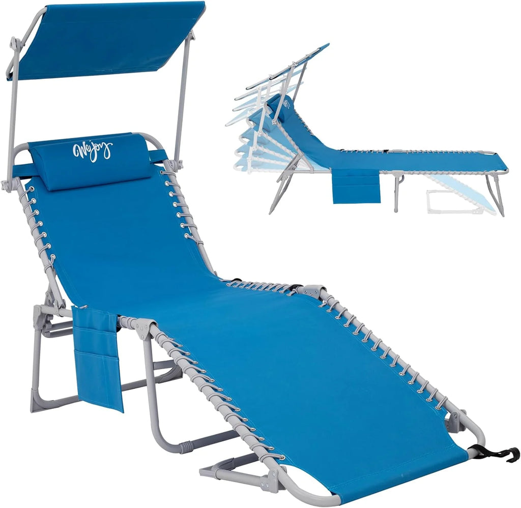 2 Pack Outdoor Chaise Lounge Chair - Portable Folding Patio Pool Lounge Chair, 5 Positions Adjustable Reclining Camping Chair with Side Table,Shoulder Strap, Pillow for Beach Sunbathing Lawn