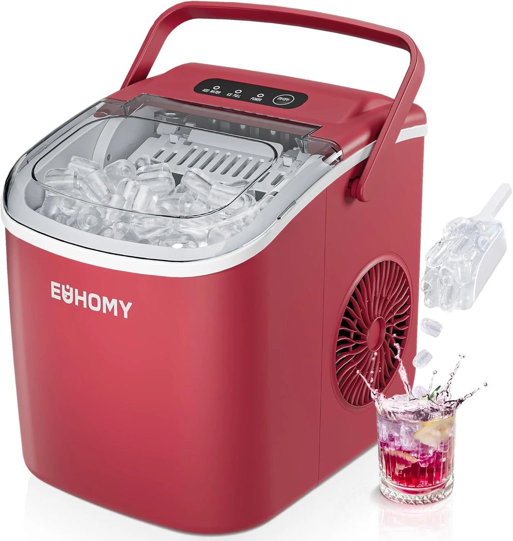 EUHOMY Countertop Ice Maker Machine with Handle, 26lbs in 24Hrs, 9 Ice Cubes Ready in 6 Mins, Auto-Cleaning Portable Ice Maker with Basket and Scoop, for Home/Kitchen/Camping/RV. (Black)