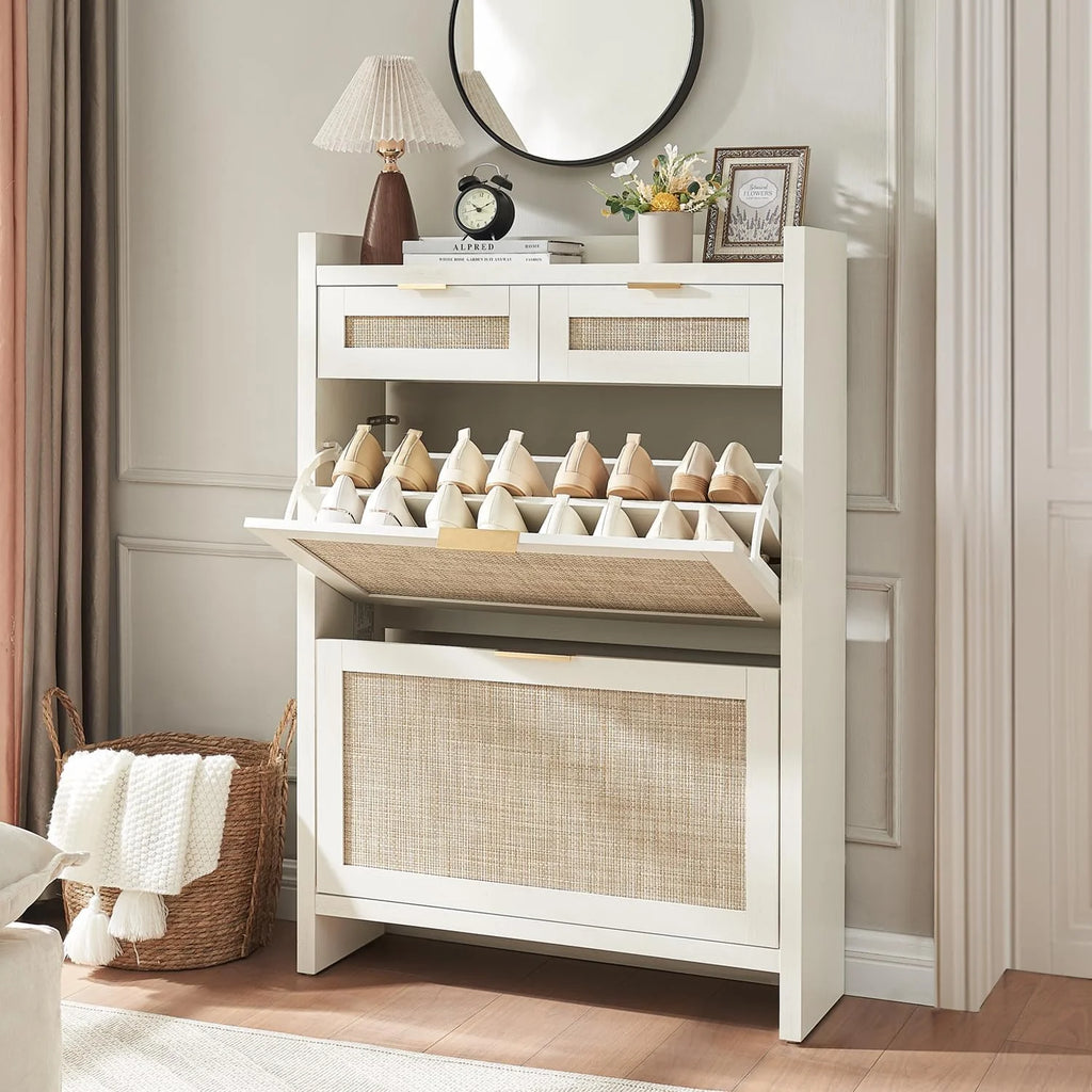 Large Rattan Shoe Storage Cabinet with 4 Flip Drawers & 2 Storages–Hidden Slim Shoe Organizer