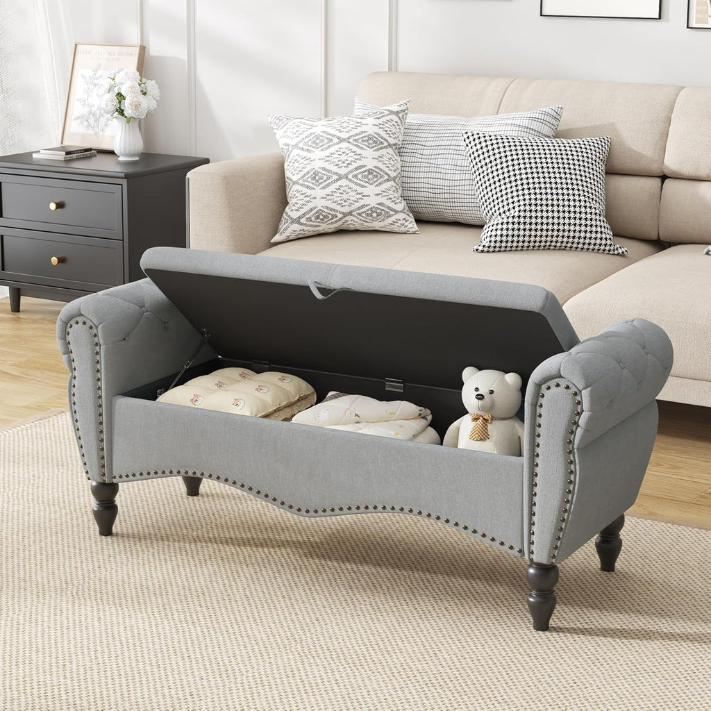 Furniliving Modern Storage Ottoman Bench, Sherpa Ottoman End of Bed Bench with Solid Wood Legs Upholstered Ottoman Benches with Storage Indoor Bench