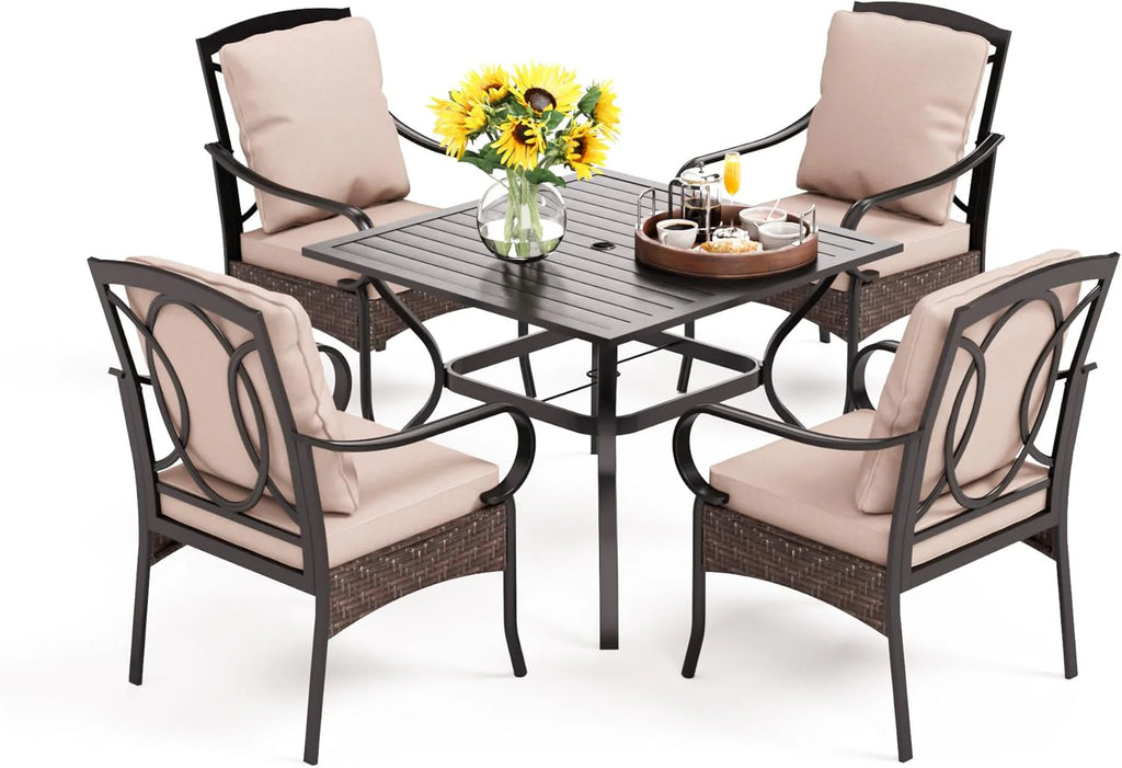 PHI VILLA 6-Piece Outdoor Dining Sets, All-Weather Patio Table and Chairs Set with Umbrella for 4, Heavy Duty Patio Round Table Set for Deck, 4 Extra Large Outdoor Swivel Chairs with Thick Cushions